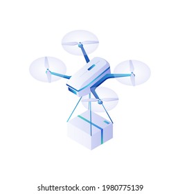 Drone carrying parcel isometric vector. argo innovation white quadrocopter flies with blue docked box. Technology fast delivery transport of goods and useful photography and observation