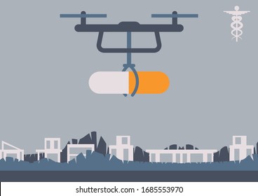 A drone is carrying a pill. The modern delivery and distribution of medicine, the possibility to provide the access to the pharmaceutical products for hard-to-reach areas and population
