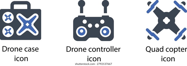 Drone case icon, controller icon, and quad copter icon set in flat style design