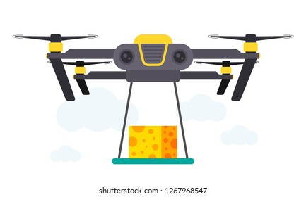 Drone Cheese Delivery Concept Vector Illustration. Quadcopter transporting Cheese, food. Flat style design.