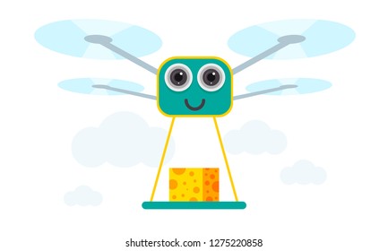 Drone Cheese Delivery Concept Vector Illustration. Quadcopter transporting Cheese, food. Flat style design.
