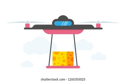 Drone Chese Delivery Concept Vector Illustration. Quadrocopter transporting cheese, food. Flat style design.