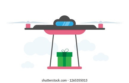 Drone Christmas Present Delivery Concept Vector Illustration. Quadrocopter transporting gift present. Flat style design.