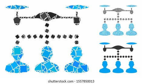 Drone clients connection composition of inequal pieces in various sizes and color hues, based on drone clients connection icon. Vector ragged pieces are organized into composition.