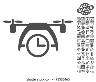 Drone Clock icon with bonus calendar and time management graphic icons. Vector illustration style is flat iconic symbols, gray color, white background.
