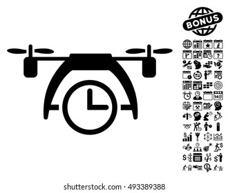 Drone Clock icon with bonus calendar and time management pictograph collection. Vector illustration style is flat iconic symbols, black color, white background.