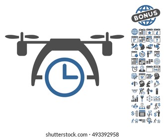 Drone Clock icon with bonus calendar and time management pictograph collection. Vector illustration style is flat iconic bicolor symbols, cobalt and gray colors, white background.
