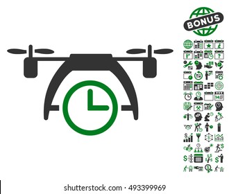 Drone Clock icon with bonus calendar and time management pictograph collection. Vector illustration style is flat iconic bicolor symbols, green and gray colors, white background.