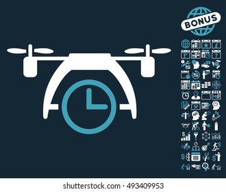 Drone Clock icon with bonus calendar and time management icon set. Vector illustration style is flat iconic bicolor symbols, blue and white colors, dark blue background.
