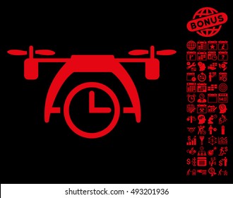 Drone Clock pictograph with bonus calendar and time management symbols. Vector illustration style is flat iconic symbols, red color, black background.