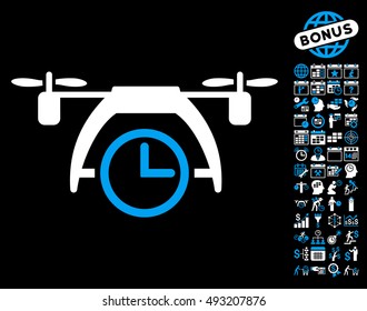Drone Clock pictograph with bonus calendar and time management design elements. Vector illustration style is flat iconic bicolor symbols, blue and white colors, black background.