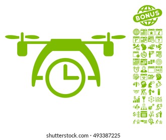 Drone Clock pictograph with bonus calendar and time management images. Vector illustration style is flat iconic symbols, eco green color, white background.