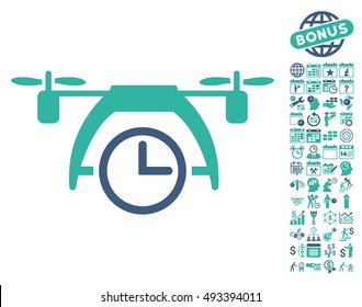 Drone Clock pictograph with bonus calendar and time management pictures. Vector illustration style is flat iconic bicolor symbols, cobalt and cyan colors, white background.