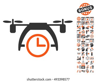 Drone Clock pictograph with bonus calendar and time management symbols. Vector illustration style is flat iconic bicolor symbols, orange and gray colors, white background.