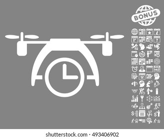 Drone Clock pictograph with bonus calendar and time management pictogram. Vector illustration style is flat iconic symbols, white color, gray background.