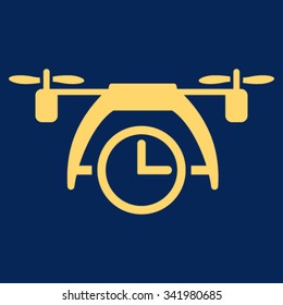 Drone Clock vector icon. Style is flat symbol, yellow color, rounded angles, blue background.