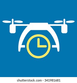 Drone Clock vector icon. Style is bicolor flat symbol, yellow and white colors, rounded angles, blue background.