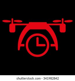 Drone Clock vector icon. Style is flat symbol, red color, rounded angles, black background.