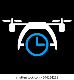 Drone Clock vector icon. Style is bicolor flat symbol, blue and white colors, rounded angles, black background.