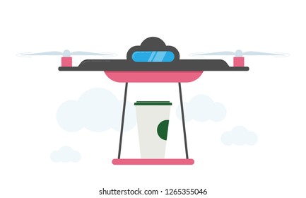 Drone Coffee Delivery Concept Vector Illustration. Quadrocopter transporting coffee, food. Flat style design.