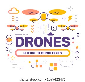 Drone color concept on white background. Vector creative abstract illustration with title, icon. Line art flat style design for web, site, banner