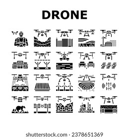 drone commercial use icons set vector. industry survey, operator weather safety, surveyor land, city agriculture, digital drone commercial use glyph pictogram Illustrations