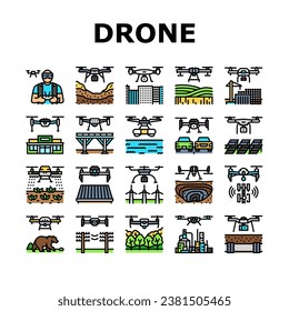 drone commercial use icons set vector. industry survey, operator weather safety, surveyor land, city agriculture, digital drone commercial use color line illustrations