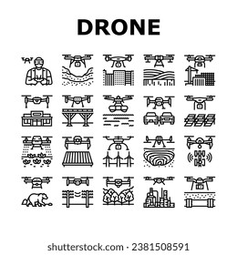 Drohne für kommerzielle Nutzung Icons Set Vektorgrafik. Industrieerhebung, Wettersicherheit für den Betreiber, Erhebungsland, Stadtlandwirtschaft, digitale Drohnenkommerzielle Verwendung schwarzer Konturillustrationen