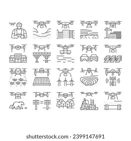 drone commercial use icons set vector. industry survey, operator weather safety, surveyor land, city agriculture, digital drone commercial use black contour illustrations