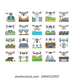 drone commercial use icons set vector. industry survey, operator weather safety, surveyor land, city agriculture, digital drone commercial use color line illustrations