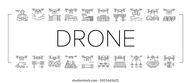 drone commercial use icons set vector. industry survey, operator weather safety, surveyor land, city agriculture, digital drone commercial use black line illustrations