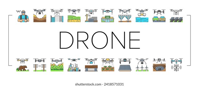 drone commercial use icons set vector. industry survey, operator weather safety, surveyor land, city agriculture, digital drone commercial use color line illustrations