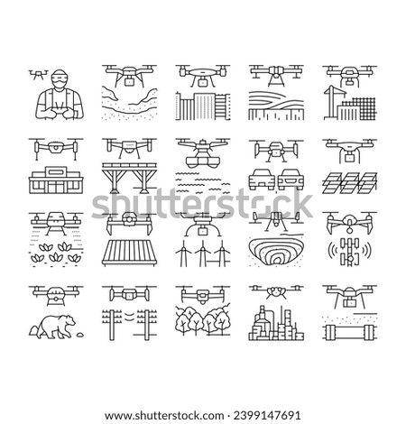 drone commercial use icons set vector. industry survey, operator weather safety, surveyor land, city agriculture, digital drone commercial use black contour illustrations