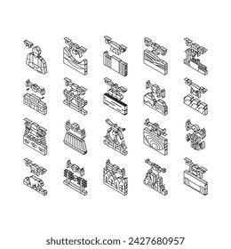 drone commercial use isometric icons set. industry survey, operator weather safety, surveyor land, city agriculture, digital drone commercial use color line