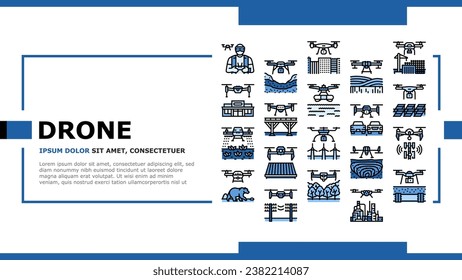 vector de la página web de aterrizaje de drone de uso comercial. estudio industrial, seguridad meteorológica de los operadores, terrenos de vigilancia, agricultura urbana, uso comercial de drones digitales Ilustración