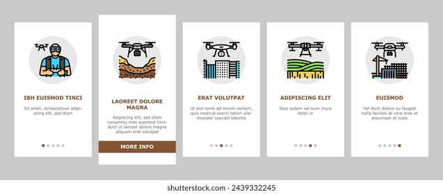 drone commercial use onboarding mobile vector industry survey, operator weather safety, surveyor land, city agriculture, digital drone commercial use illustrations