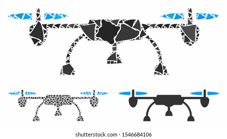 Drone composition of rough pieces in different sizes and color tinges, based on drone icon. Vector bumpy pieces are combined into composition. Drone icons collage with dotted pattern.