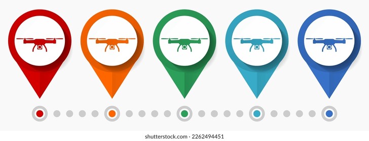 Drone concept vector icon set, flat design pointers, infographic template