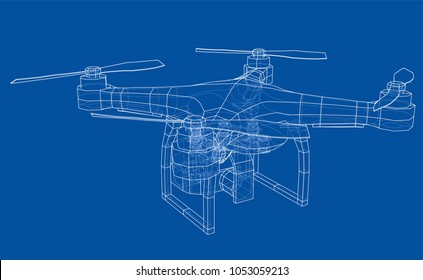 Drone concept. Vector rendering of 3d. Wire-frame style. The layers of visible and invisible lines are separated