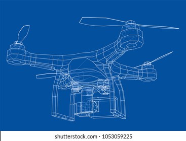 Drone concept. Vector rendering of 3d. Wire-frame style. The layers of visible and invisible lines are separated