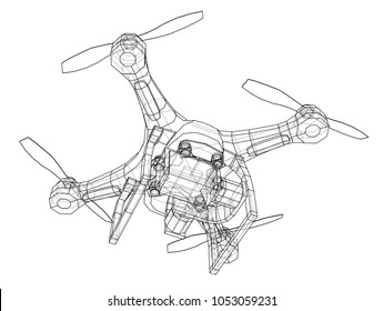 Drone concept. Vector rendering of 3d. Wire-frame style. The layers of visible and invisible lines are separated