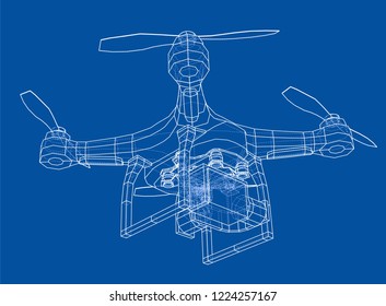 Drone concept. Vector rendering of 3d. Wire-frame style. The layers of visible and invisible lines are separated