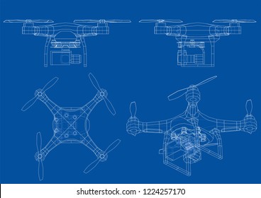 Drone concept. Vector rendering of 3d. Wire-frame style. The layers of visible and invisible lines are separated