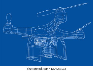 Drone concept. Vector rendering of 3d. Wire-frame style. The layers of visible and invisible lines are separated
