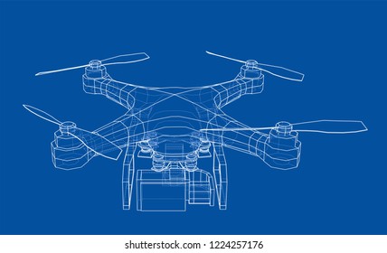 Drone concept. Vector rendering of 3d. Wire-frame style. The layers of visible and invisible lines are separated