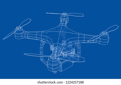 Drone concept. Vector rendering of 3d. Wire-frame style. The layers of visible and invisible lines are separated