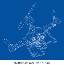 Drone concept. Vector rendering of 3d. Wire-frame style. The layers of visible and invisible lines are separated