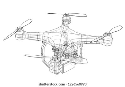 Drone concept. Vector rendering of 3d. Wire-frame style. The layers of visible and invisible lines are separated