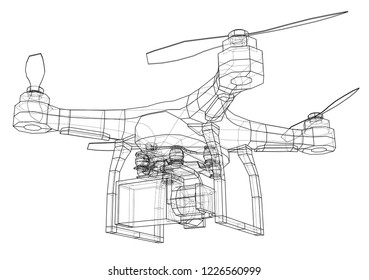 Drone concept. Vector rendering of 3d. Wire-frame style. The layers of visible and invisible lines are separated