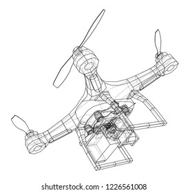 Drone concept. Vector rendering of 3d. Wire-frame style. The layers of visible and invisible lines are separated